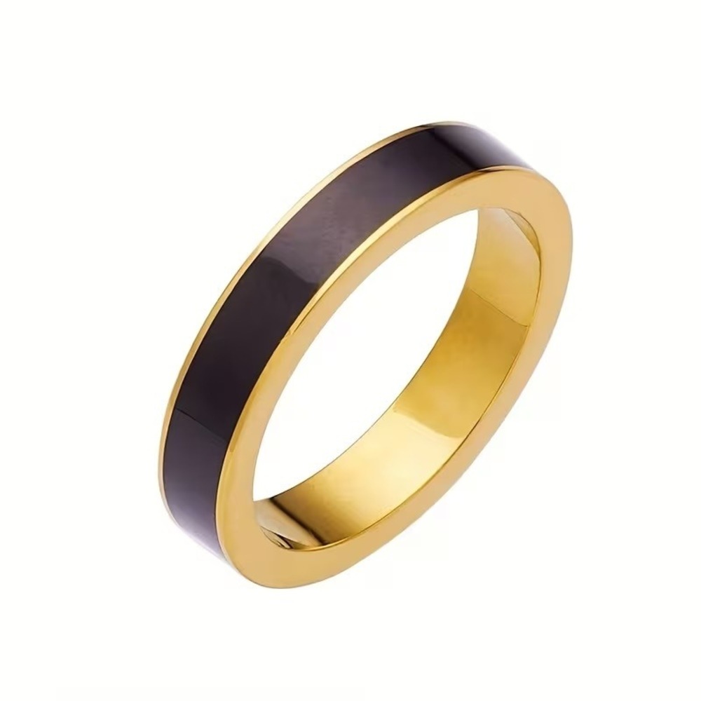 Stainless Steel Black Enamel Inlay Gold Tone Band Ring Minimalist‎ Size 6